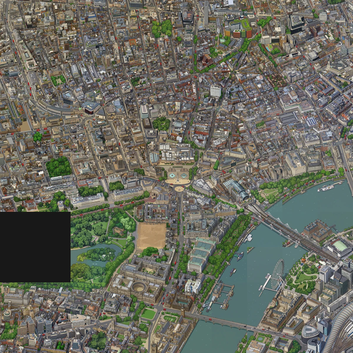 The August test area: Trafalgar Square, Whitehall and the Thames drawn tile by tile, with one dark square missing