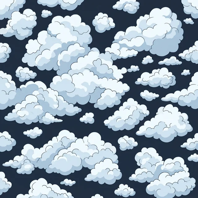 A sheet of cartoon cumulus clouds drawn by the image model on a dark blue background