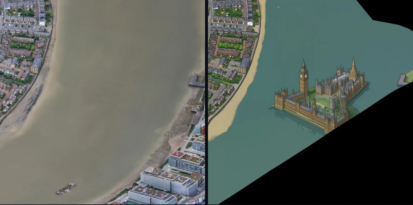 A second Palace of Westminster drawn in the Thames off the Isle of Dogs