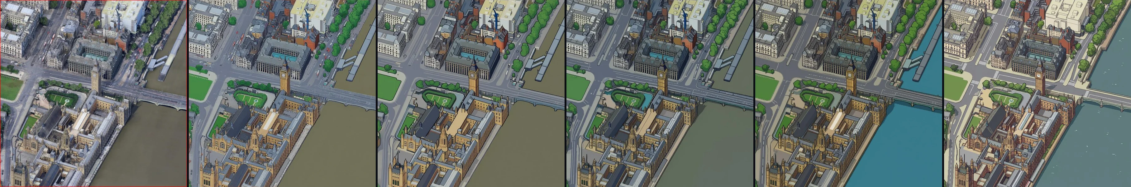 A held-out Big Ben frame at training steps 0, 500, 1,500 and 3,000, with the input and the target