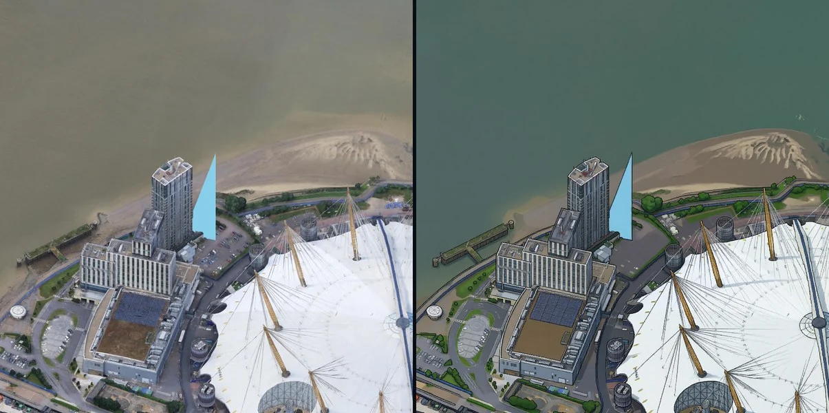 A light blue triangle next to a tower by the O2, in the render and on the map