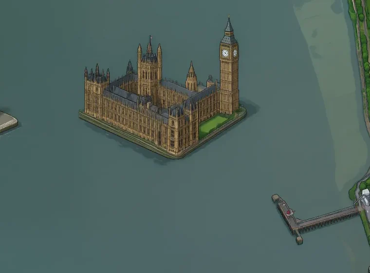 A second Houses of Parliament, with Big Ben, standing in the Thames next to a real jetty